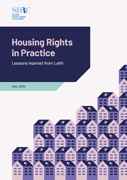 Front cover of housing rights in practice report, purple houses tiered with title above
