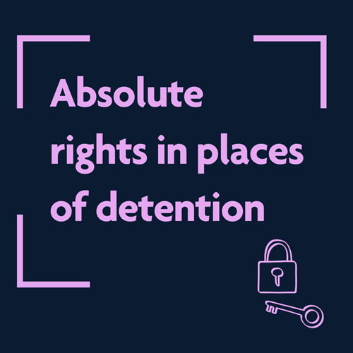 Lilac padlock and key on a dark background. Lilac text reads "Absolute rights in places of detention"