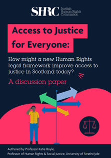 Report cover for Access to justice for everyone discussion paper. Man stands scratching his head looking at a pole with many signposts.