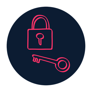 Dark background, red icon of a padlock and key