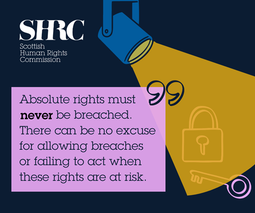 "Absolute rights must never be breached. There can be no excuse for allowing breaches or failing to act when these rights are at risk." Spotlight shining on a padlock and key.
