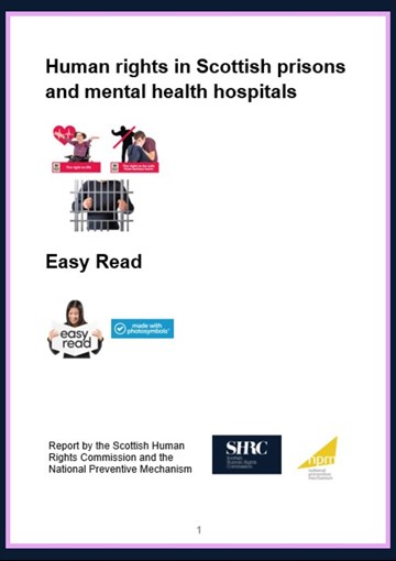 Easy Read document cover page. The title is "human rights in Scottish prisons and mental health hospitals."
