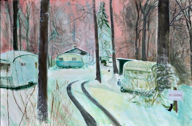 Artist's depiction of Bobbin Mill site in Pitlochry in the winter. The scene is set in a sparse forest with three caravans blanketed in snow. Nearby a cat scratches at a signpost which reads "No camping".