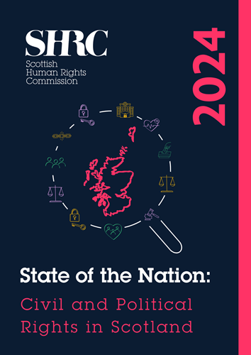 Front cover of a report titled "State of the Nation 2024: Civil and Political Rights in Scotland." In the middle of the page is a map of Scotland under a magnifying glass. Around the magnifying glass are icons representing civil and political rights including a hand voting, a prison lock, a beating heart for the right to life and a judge's gavel in a fair trial