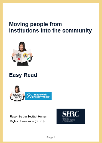 Front cover of Easy Read called "Moving people from institutions into the community"