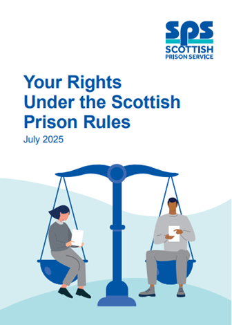 Document cover for Your Rights Under the Scottish Prison Rules. Two people in grey jumpsuits reading leaflets and sitting on either side of the scales of justice.