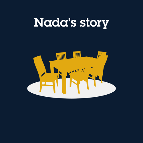 Yellow dining table against a charcoal background. Text above reads "Nada's story"